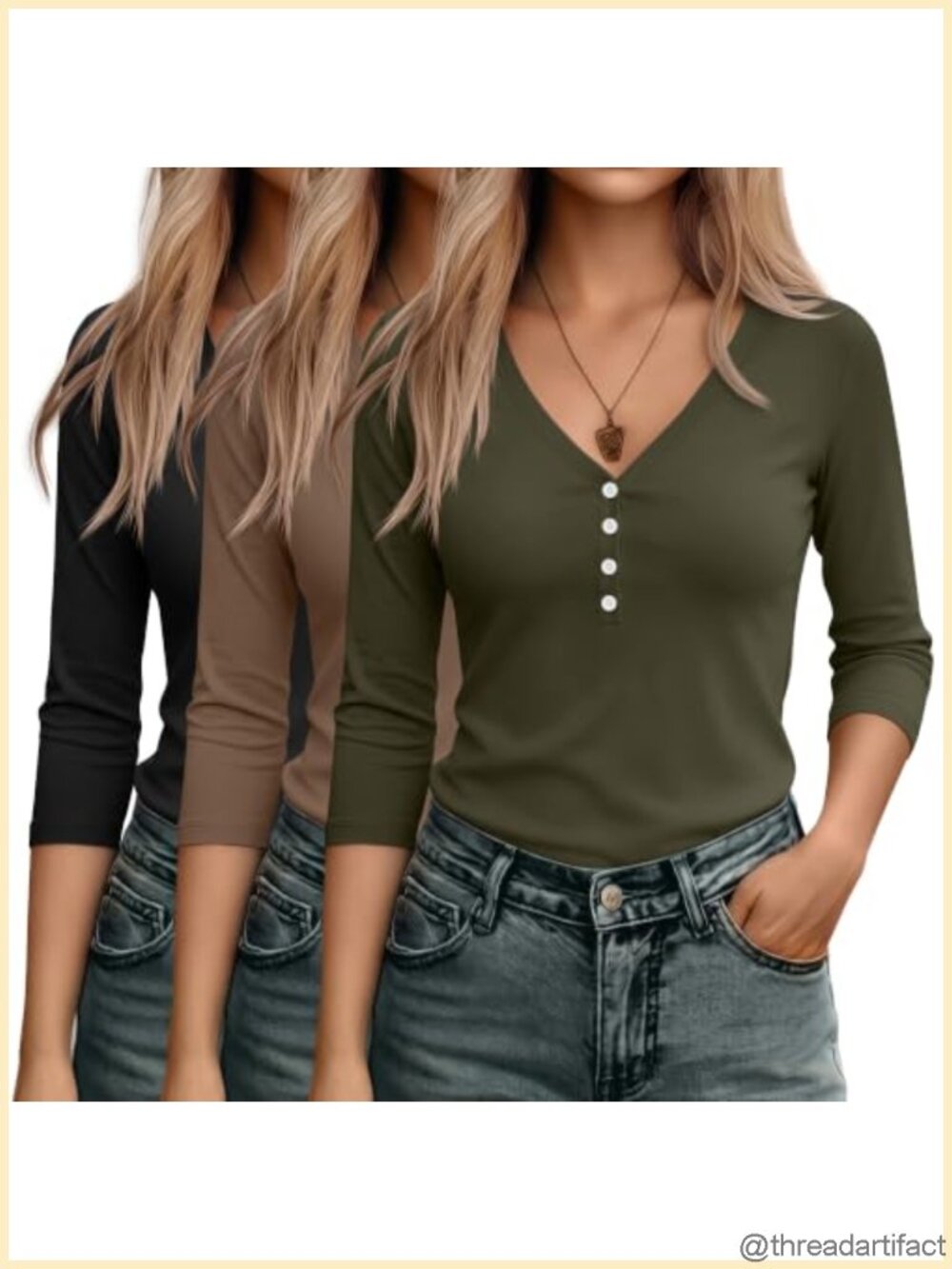 3 Pack Women's 3/4 Sleeve V Neck Henley Tunic Tops Button Casual